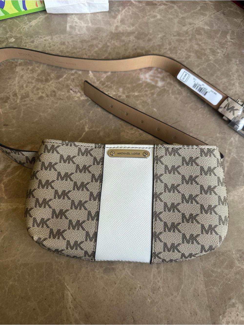 Michael Kors Beige MK Logo Crossbody with White Center Stripe